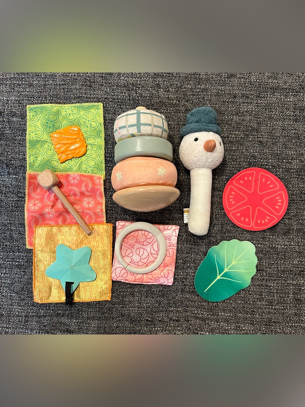 Cute set of baby toys • different textures and shapes • cloth and wood stacker
